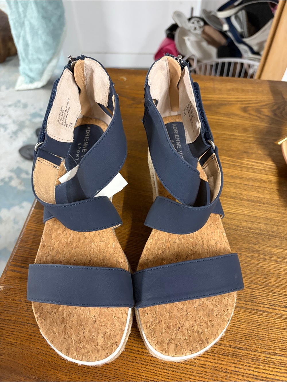 Adrienne Vittadini Navy Cork Wedge Sandals with Zip Back